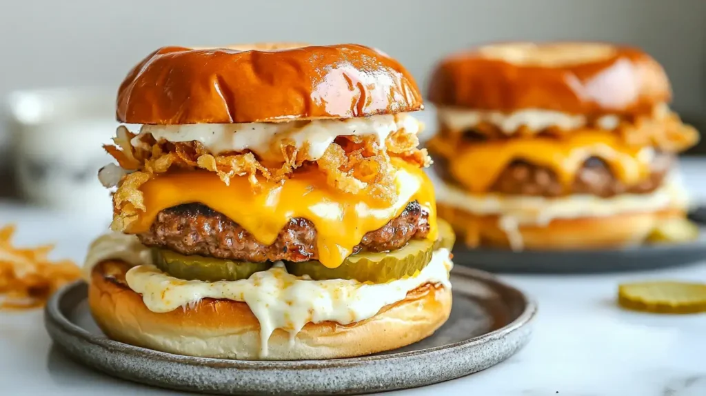 A close-up of a smash burger on a plate, showcasing its crispy edges, melted cheese, fresh pickles, and soft golden buns, ideal for showcasing on a food blog