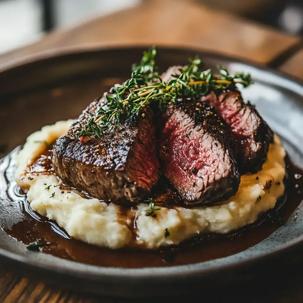 Steak with creamy mashed potatoes