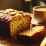 A golden brown loaf of banana bread on a rustic table, with a slice cut to show its moist interior, surrounded by ripe bananas and a steaming cup of coffee.