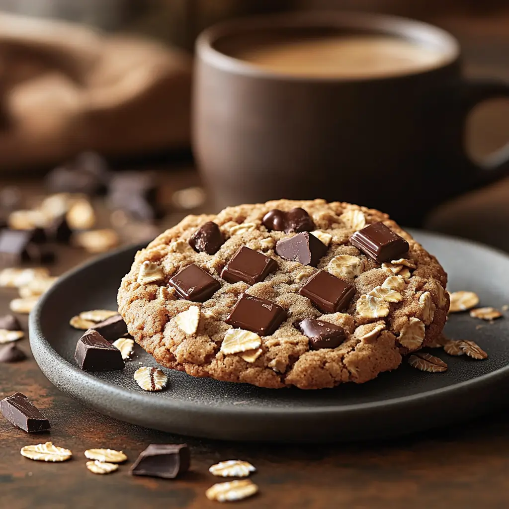 A freshly baked Chick-fil-A Chocolate Chunk Cookie on a white plate, surrounded by chocolate chunks and oats, with a steaming mug of coffee in the background, illuminated by warm kitchen lighting.