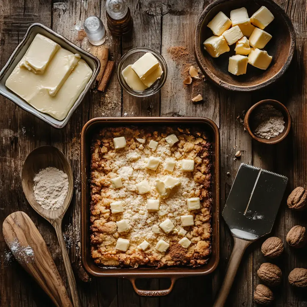 A baking dish showing the step-by-step layering of a dump cake: fruit at the base, cake mix on top, and butter slices ready for baking