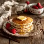 A stack of fluffy Cracker Barrel-style pancakes on a rustic table, topped with melting butter and syrup, alongside vintage cutlery for a homestyle breakfast feel.