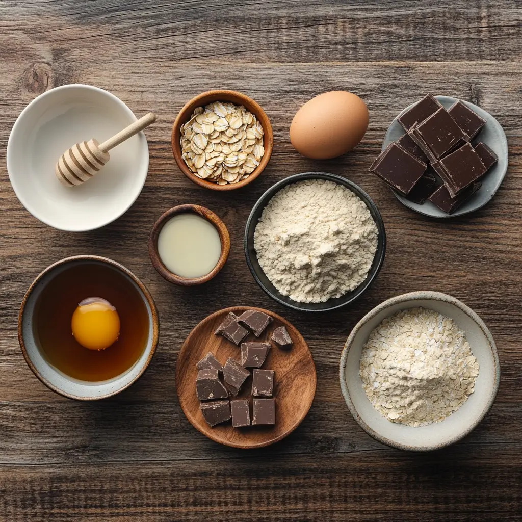 A top-down view of Chick-fil-A cookie ingredients, including flour, butter, eggs, oats, and chocolate chunks, displayed on a wooden countertop in small bowls and jars, with a rustic and inviting setup.