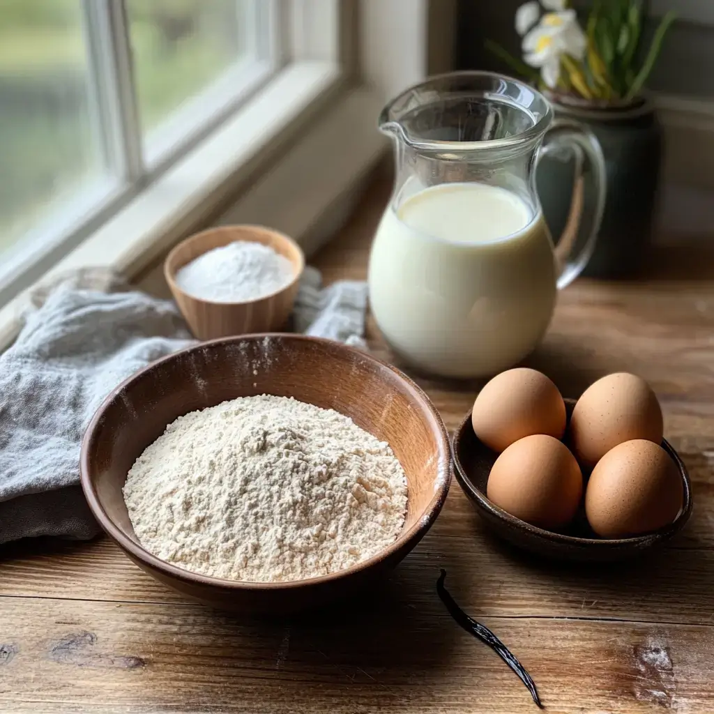 Ingredients for Cracker Barrel pancakes—flour, eggs, buttermilk, sugar, and vanilla—arranged on a wooden countertop with warm natural light.