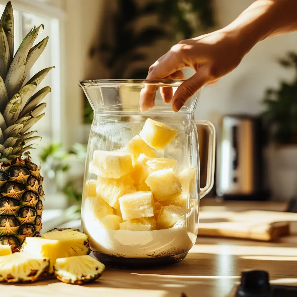 Close-up of hands operating a blender with fresh pineapple chunks and coconut milk inside, surrounded by pineapple pieces, a halved coconut, and natural light filtering into a cozy kitchen setting.