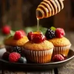 A plate of golden-brown protein muffins topped with fresh berries and a drizzle of honey, set on a rustic wooden table for an inviting and wholesome presentation.