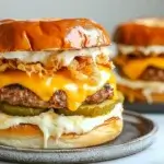 A close-up of a smash burger on a plate, showcasing its crispy edges, melted cheese, fresh pickles, and soft golden buns, ideal for showcasing on a food blog