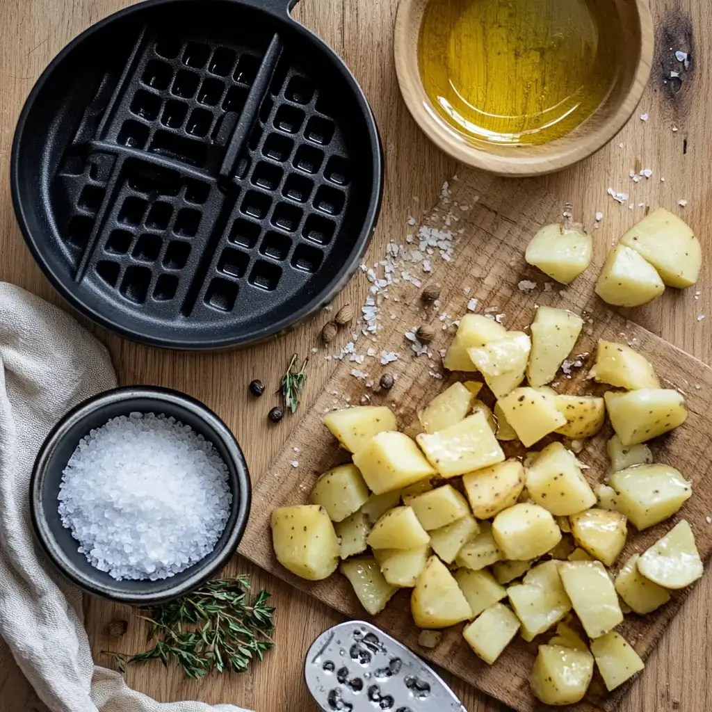 A top-down view of Russet potatoes, a bottle of peanut oil, and a bowl of salt, arranged with a waffle slicer on a wooden kitchen counter.