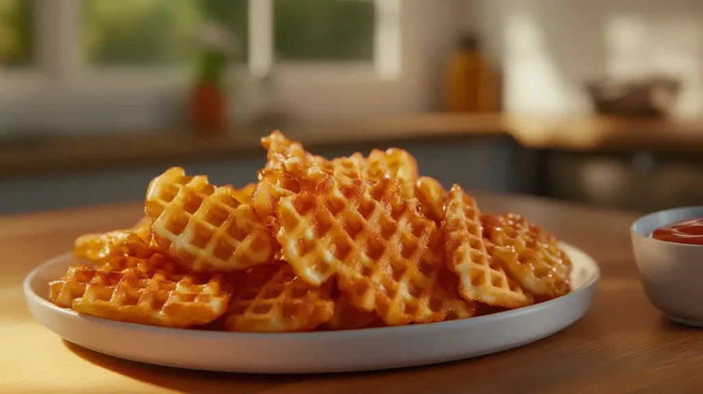 Waffle fries frying in a pot of bubbling peanut oil, with a pair of tongs lifting freshly fried fries onto a cooling rack