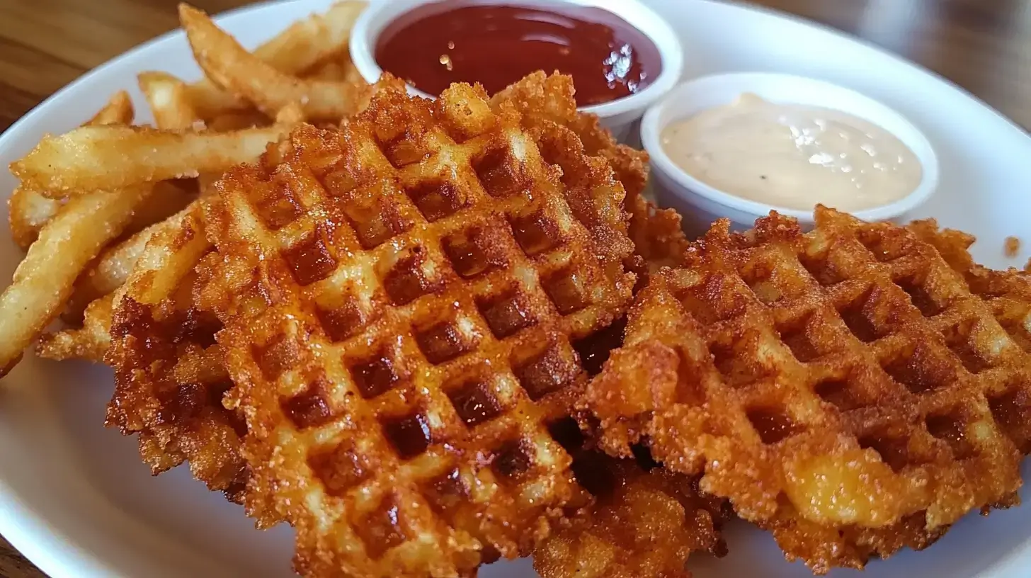 A plate of golden, crispy Chick-fil-A waffle fries recipe served with a variety of dipping sauces on a rustic wooden table in a cozy kitchen.