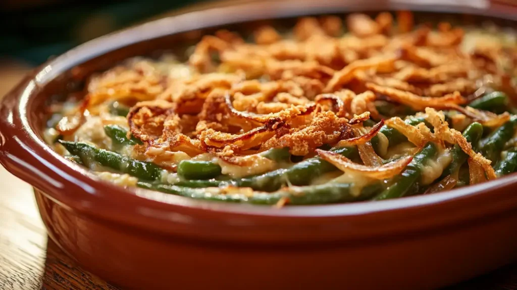A freshly baked green bean casserole recipe with crispy onion topping, served in a rustic baking dish on a wooden table.