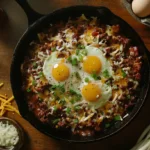 A beautifully plated Heartfelt Skillet Delight served in a rustic cast iron skillet, garnished with fresh green onions and melted cheese, on a wooden table with a cozy, homey atmosphere.