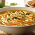 Chicken noodle soup recipe in a bowl with shredded chicken, carrots, and fresh parsley on a wooden table.