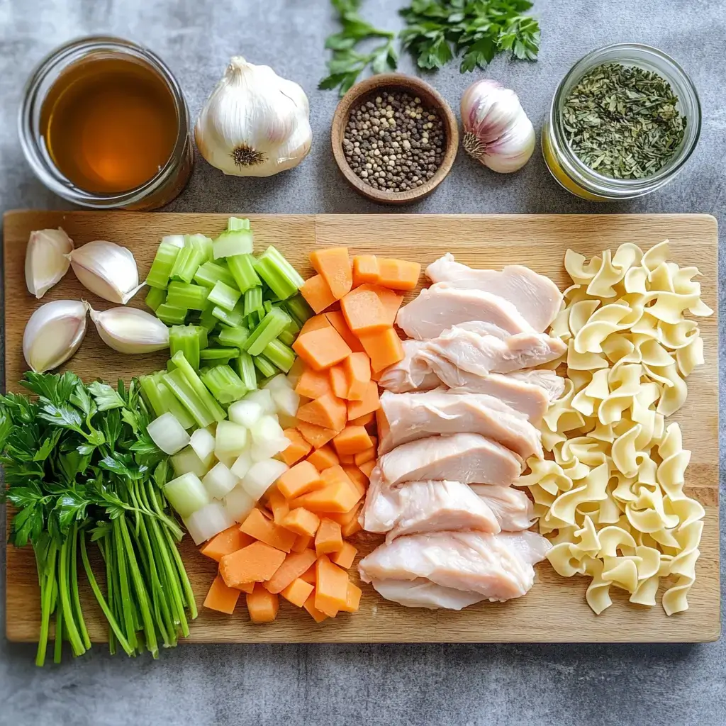 op-down view of chicken noodle soup recipe ingredients, including raw chicken, diced vegetables, egg noodles, and herbs, arranged on a wooden cutting board in a kitchen setting.