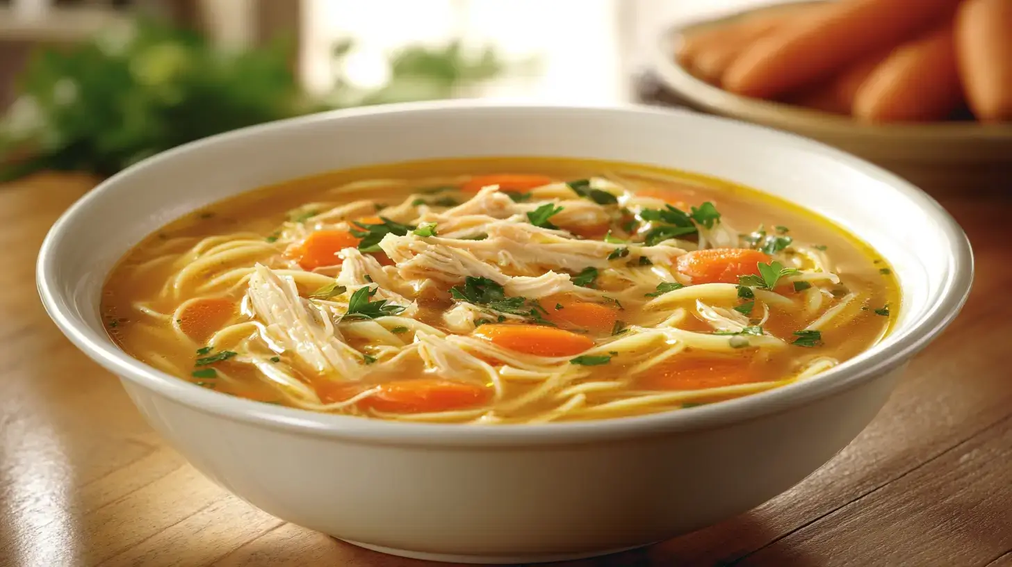 Chicken noodle soup recipe in a bowl with shredded chicken, carrots, and fresh parsley on a wooden table.