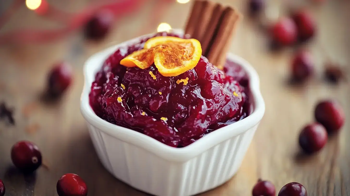 A bowl of deep red homemade cranberry sauce recipe with a glossy texture, topped with orange zest and cinnamon sticks. The dish sits on a rustic wooden table with warm holiday decorations in the background.