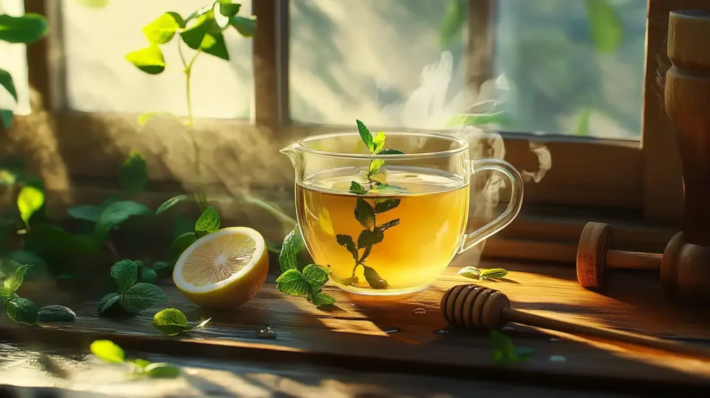 A steaming cup of Lemon Balm Tea garnished with fresh lemon balm leaves and a slice of lemon, placed on a rustic wooden table with a honey dipper nearby, bathed in soft natural lighting