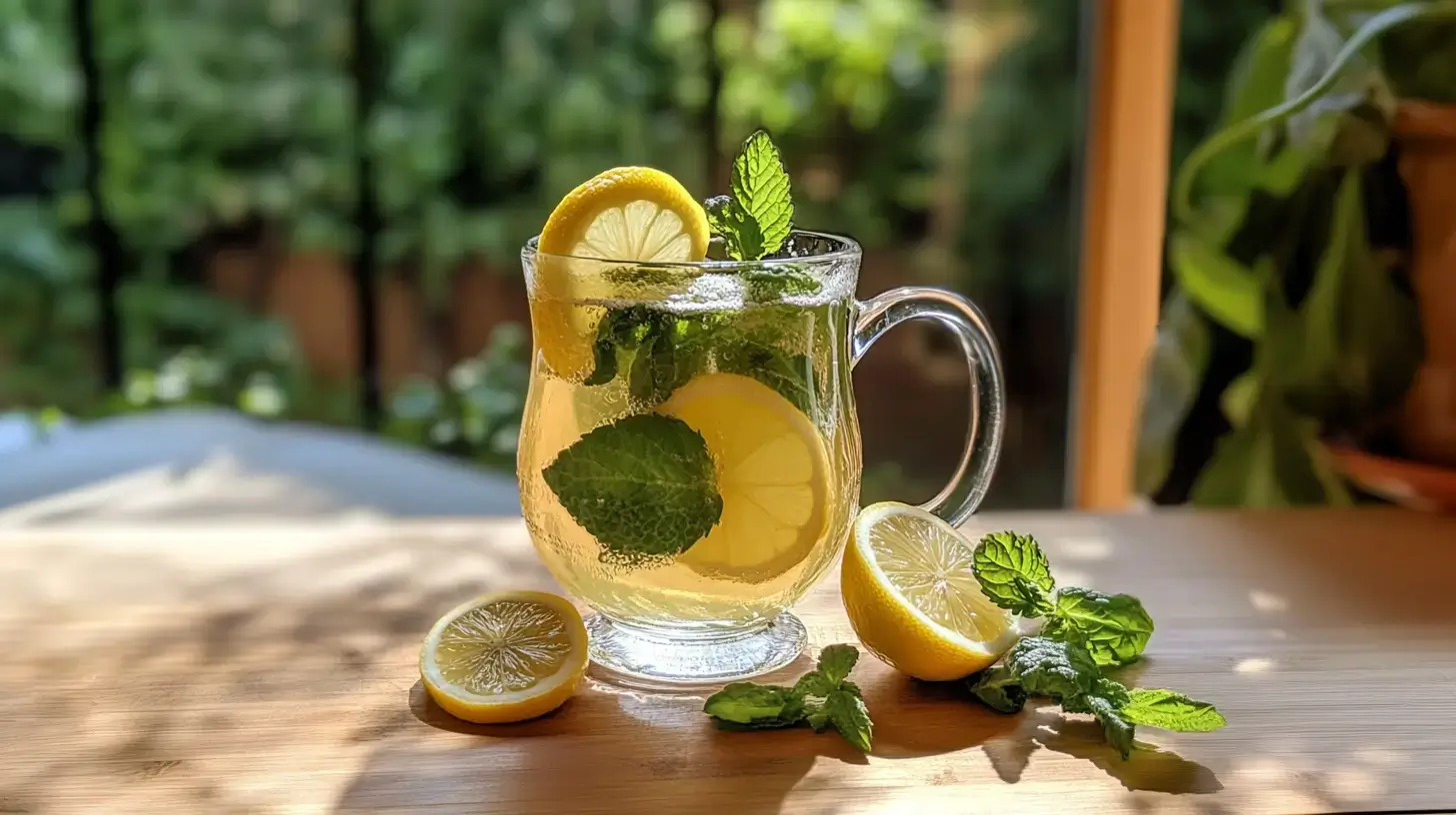 A steaming cup of Lemon Balm Recipe garnished with fresh lemon balm leaves and a slice of lemon, placed on a rustic wooden table with a honey dipper nearby, bathed in soft natural lighting