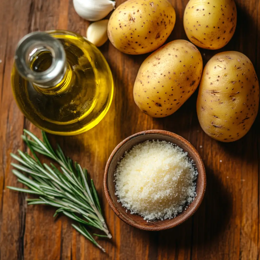 A neatly arranged flat lay of smashed potatoes ingredients, including baby potatoes, a glass bottle of olive oil, garlic cloves, rosemary sprigs, and grated Parmesan cheese on a wooden countertop.