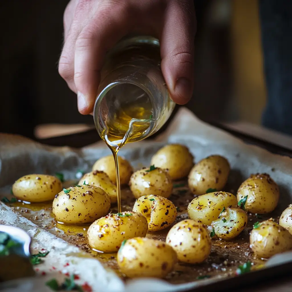 Hands pressing boiled baby potatoes with a glass on a parchment-lined baking sheet, drizzled with olive oil and sprinkled with seasonings, in a cozy kitchen atmosphere.