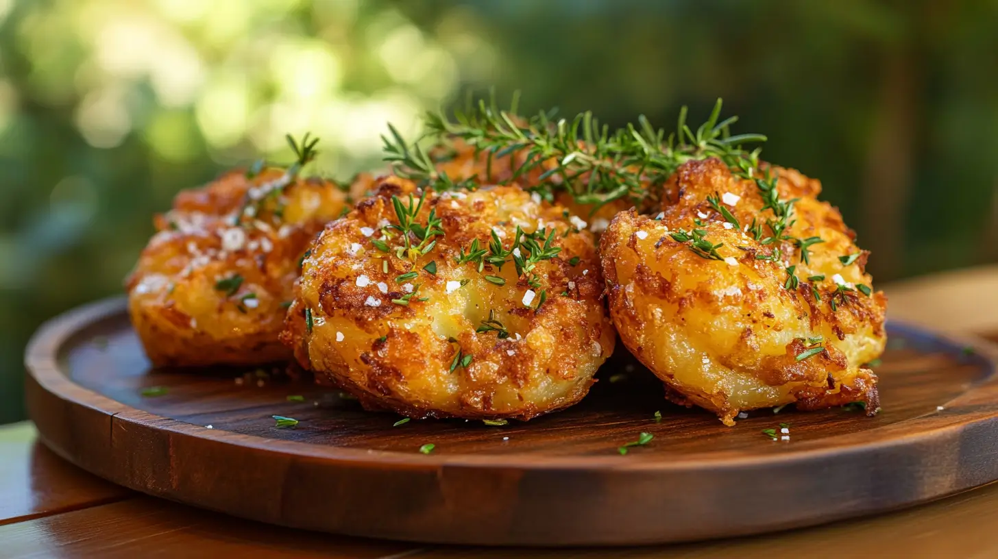 Crispy smashed potatoes recipe served on a rustic wooden plate, golden and perfectly roasted, garnished with fresh herbs like rosemary and parsley, placed on a farmhouse-style table with natural sunlight streaming in, perfect for a food blog.