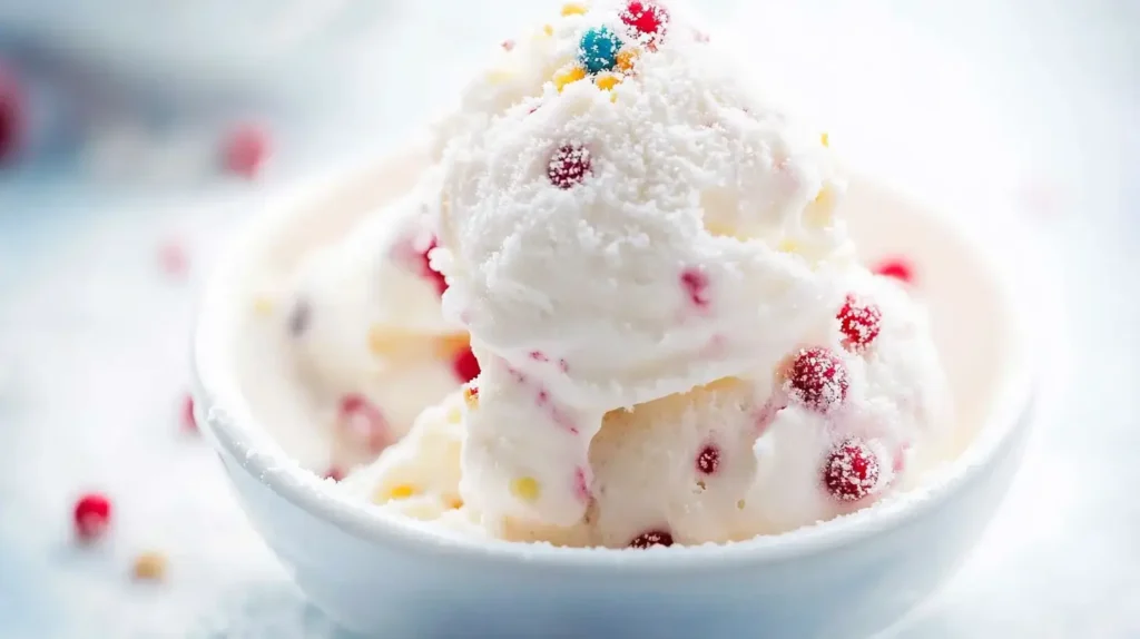 A bowl of freshly made snow cream with vibrant sprinkles on top, served with a wooden spoon. The dessert is placed outdoors with snow-covered trees in the background, evoking a cozy winter vibe.