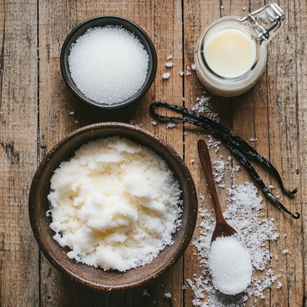 A flat lay of snow cream ingredients, including a bowl of fluffy fresh snow, a small pitcher of milk, a vanilla extract bottle, and a spoonful of sugar, all arranged neatly on a rustic wooden kitchen counter.