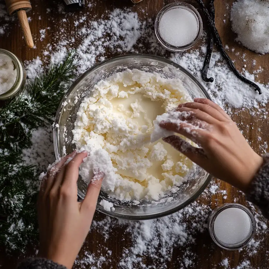 Close-up of hands gently folding fresh snow into a creamy milk mixture in a glass bowl. The scene includes vanilla extract and sugar containers nearby, with snow-covered scenery visible in the background.