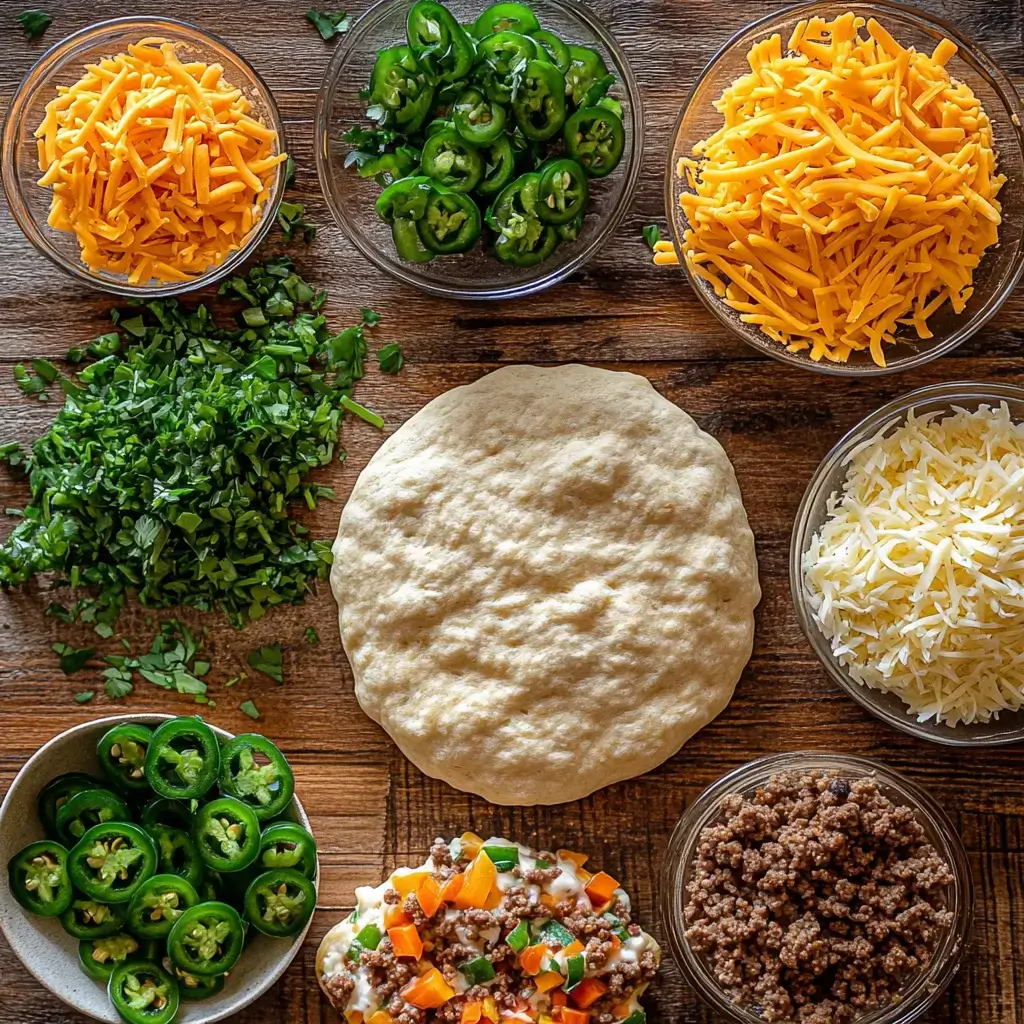 Flat lay of Air Fryer Cheesy Taco Bomb ingredients, including ground beef, shredded cheese, biscuit dough, taco seasoning, and fresh jalapeños on a wooden counter.