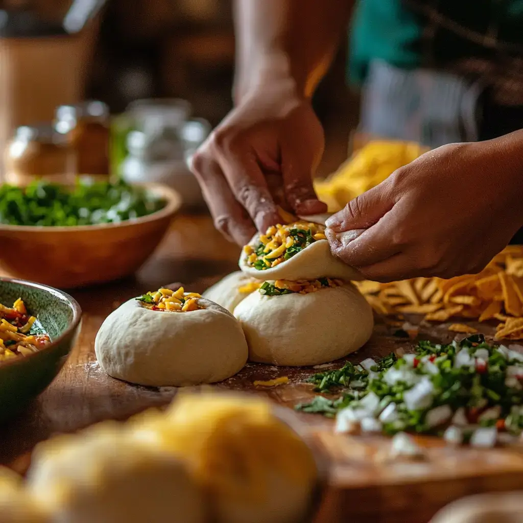 Close-up of hands folding and sealing dough around taco filling in a warmly lit kitchen, with bowls of ground beef, cheese, and other ingredients nearby.