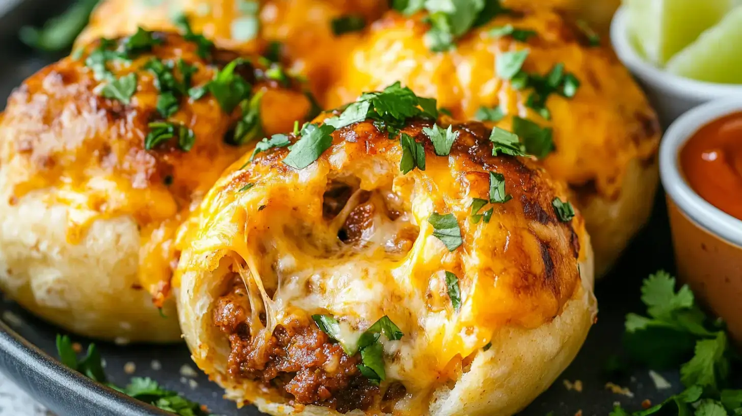 Plated Air Fryer Cheesy Taco Bombs, golden brown and topped with fresh cilantro and lime wedges, served alongside dipping sauces.