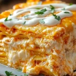 Cheesy Buffalo Chicken Lasagna served on a rustic table, with golden, melted cheese, visible layers of noodles, buffalo sauce, and a drizzle of ranch dressing