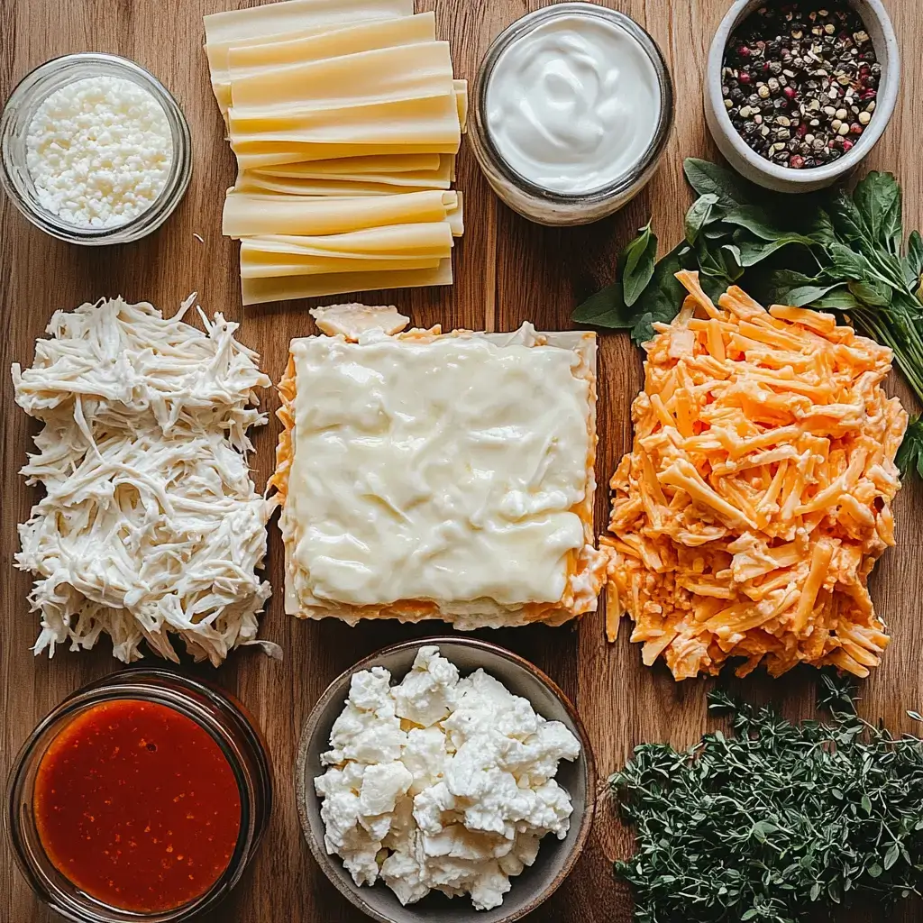 Flat lay of ingredients for Cheesy Buffalo Chicken Lasagna, including shredded chicken, bottles of buffalo sauce and ranch, cheese, lasagna noodles, and fresh herbs on a wooden surface