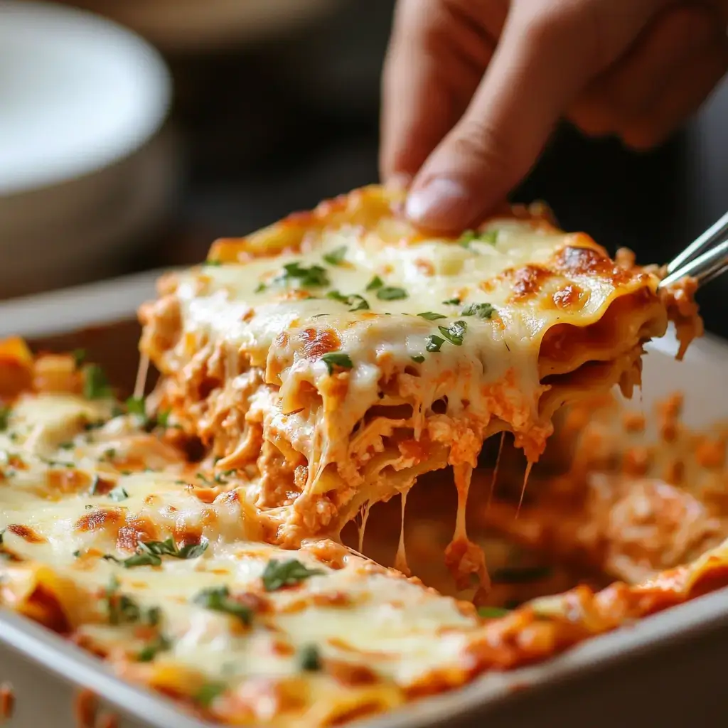 Hands assembling Cheesy Buffalo Chicken Lasagna in a kitchen, layering lasagna noodles, buffalo chicken, and cheese, with a warm, inviting atmosphere