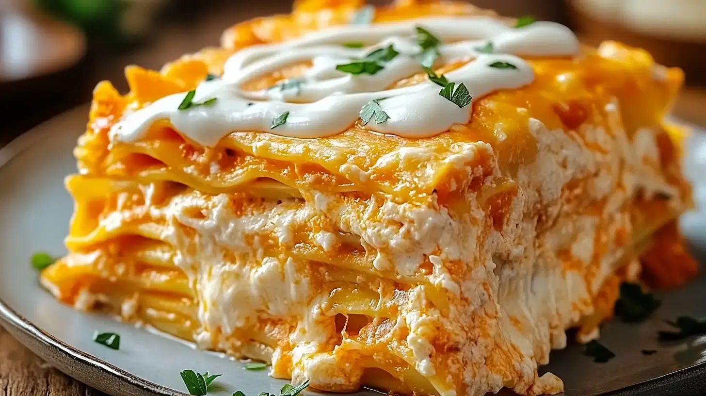 Cheesy Buffalo Chicken Lasagna served on a rustic table, with golden, melted cheese, visible layers of noodles, buffalo sauce, and a drizzle of ranch dressing