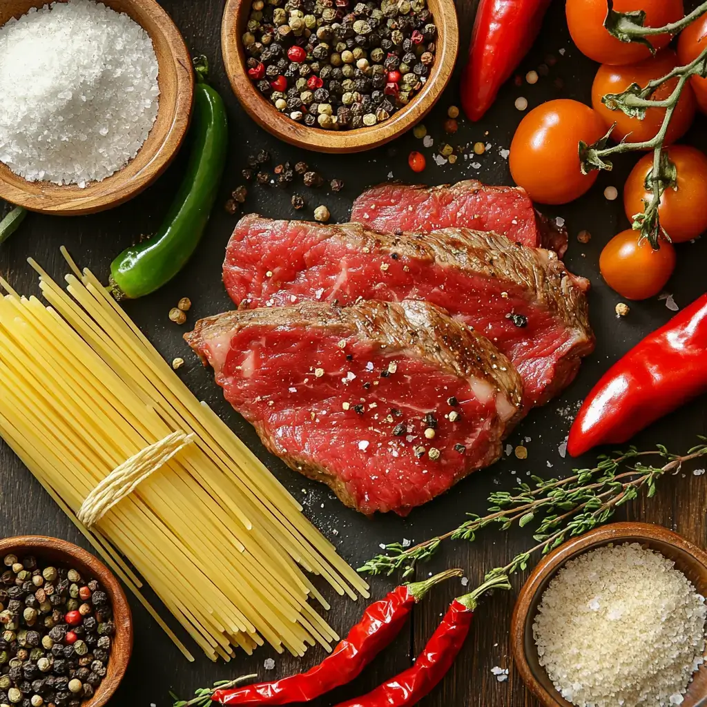 Ingredients for classic pepper steak with pasta