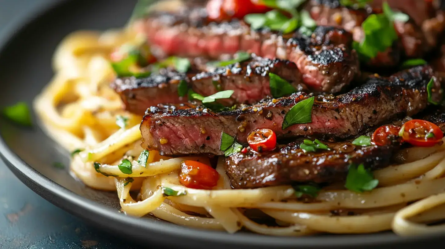 Classic pepper steak with pasta