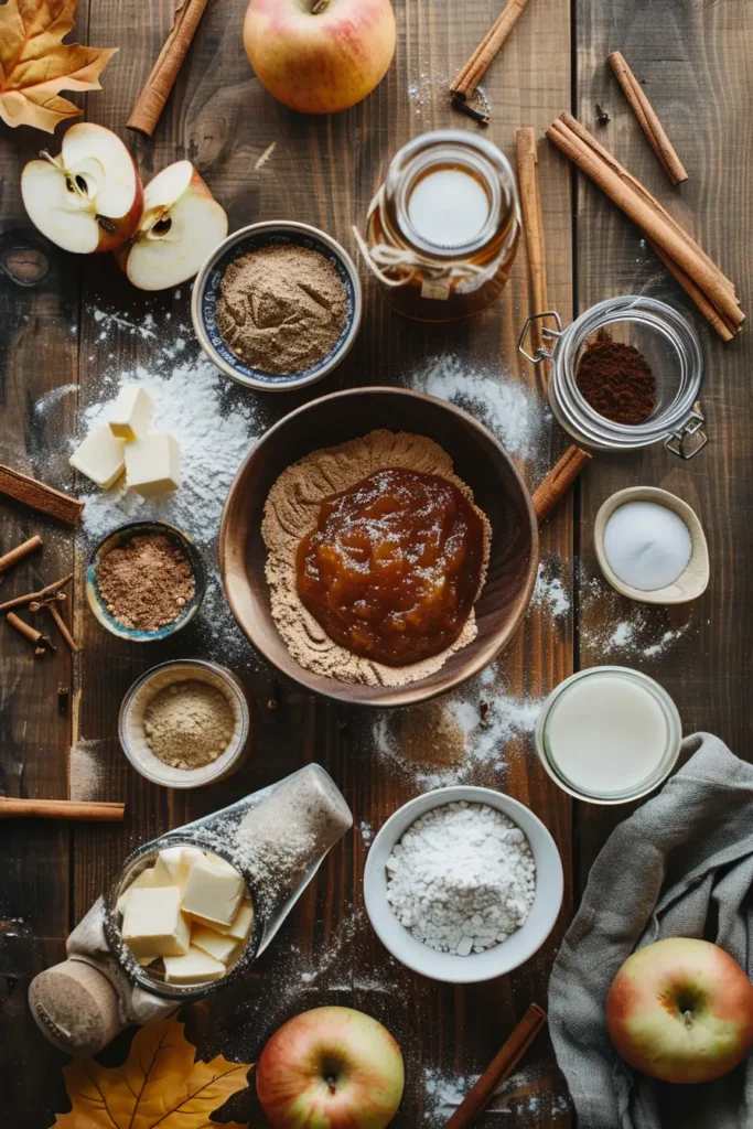 Ingredients for Apple Butter Spice Cake neatly arranged on a wooden countertop.