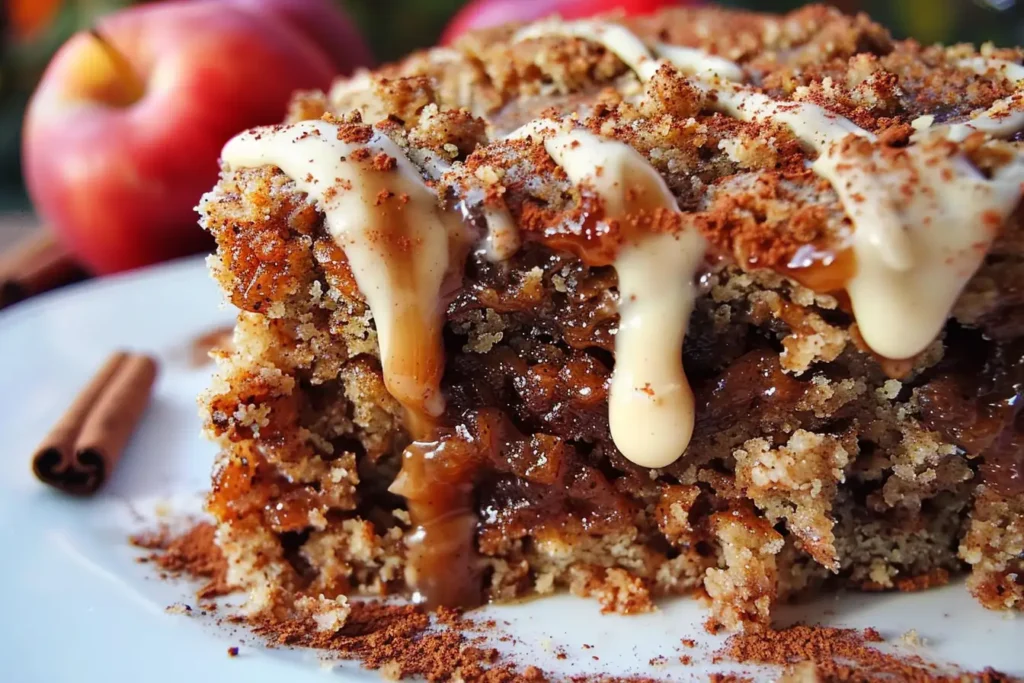 A freshly baked Apple Butter Spice Cake with cream cheese frosting and a dusting of cinnamon, garnished with chopped nuts.