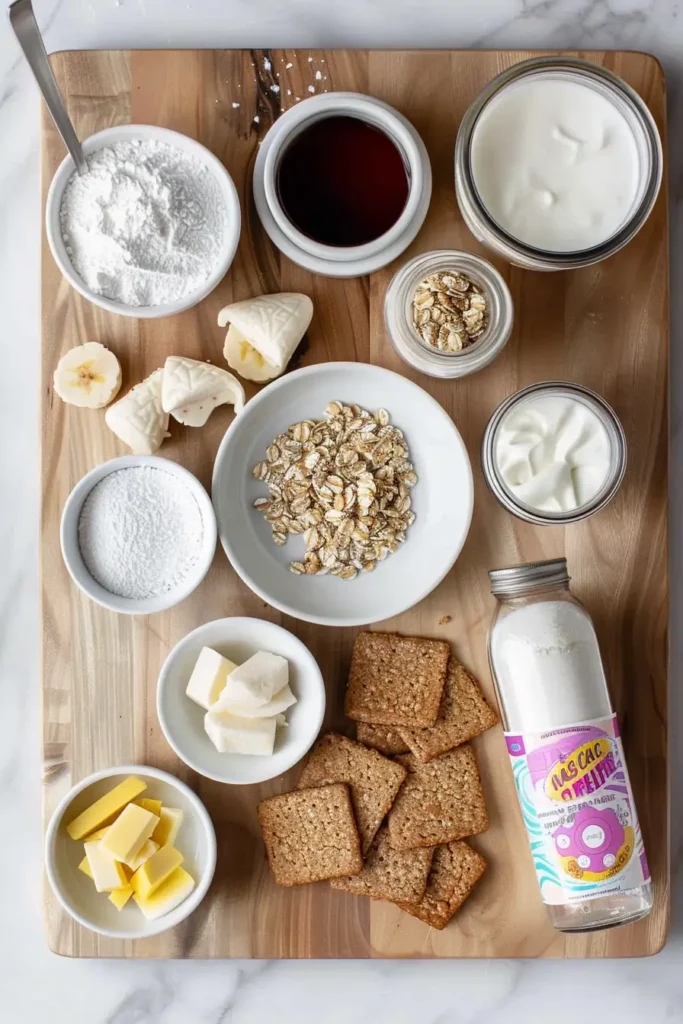 Ingredients for No-Bake Vegan Cheesecake Arranged on a Wooden Surface