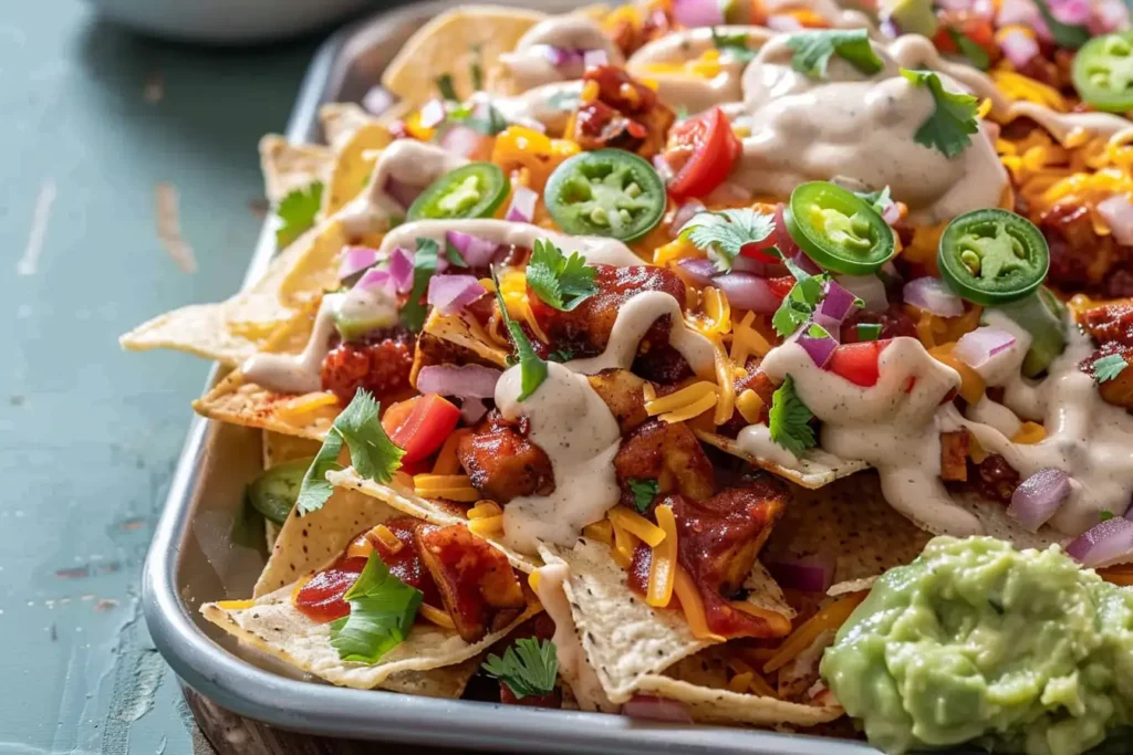 Vegan BBQ nachos with BBQ jackfruit, dairy-free cheese, and fresh toppings.