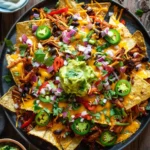 Social media-friendly vegan BBQ nachos recipe card with ingredient labels.