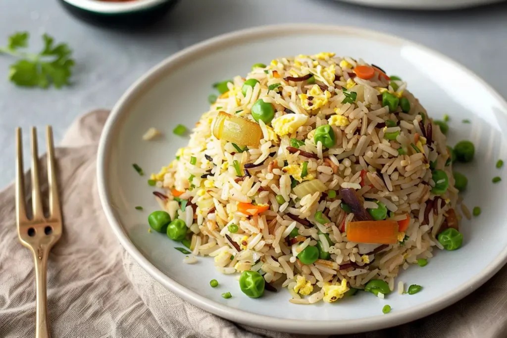 Close-up of sizzling vegan fried rice recipe with tofu, peas, carrots, and bell peppers in a hot wok.