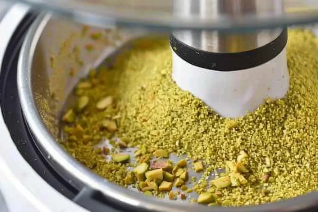 Ground pistachios being processed in a food processor to create fine pistachio flour for vegan baking.