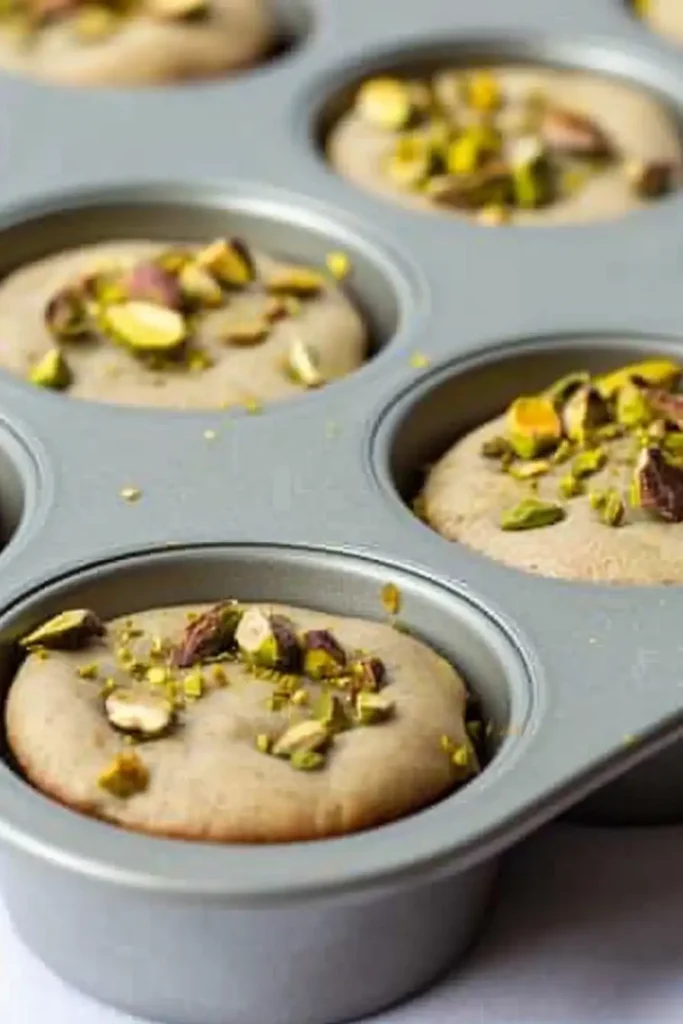 Vegan pistachio muffins rising in the oven, with a golden crust forming on top.