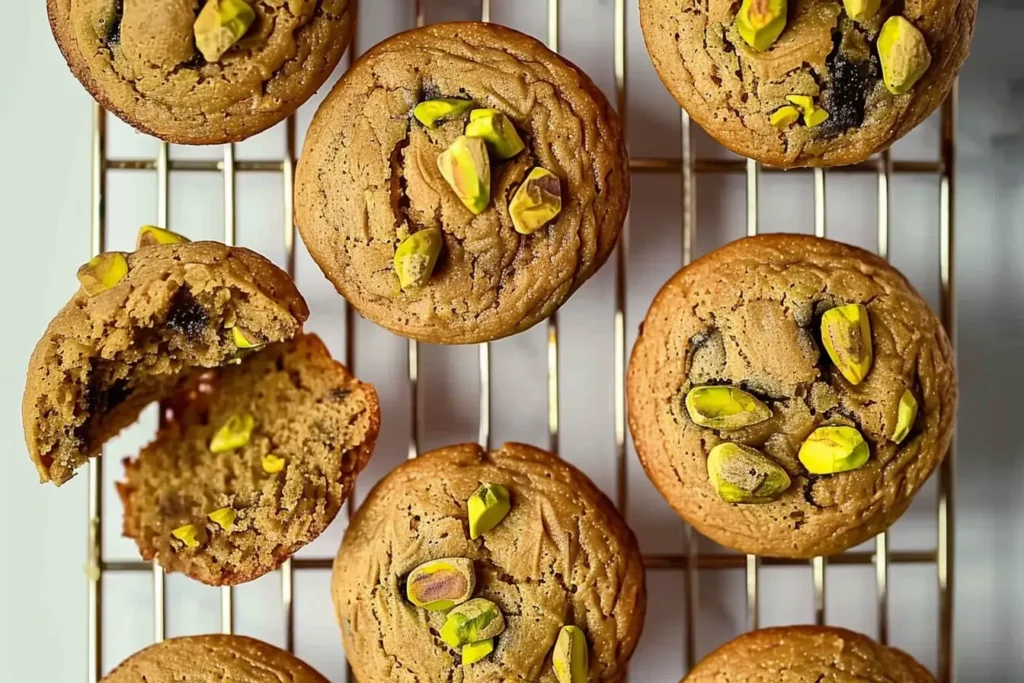 A plate of freshly baked vegan pistachio muffins, garnished with chopped pistachios and a drizzle of vanilla glaze.