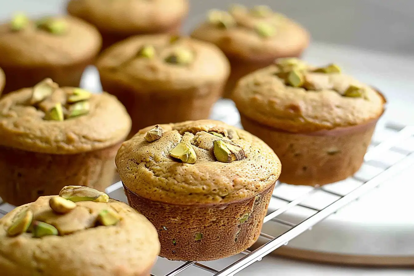 Freshly baked vegan pistachio muffins with a golden-brown crumble topping, served on a wooden board.