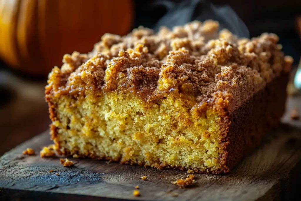 Close-up of a vegan pumpkin coffee cake with a golden streusel topping, sliced and served on a rustic wooden table.
