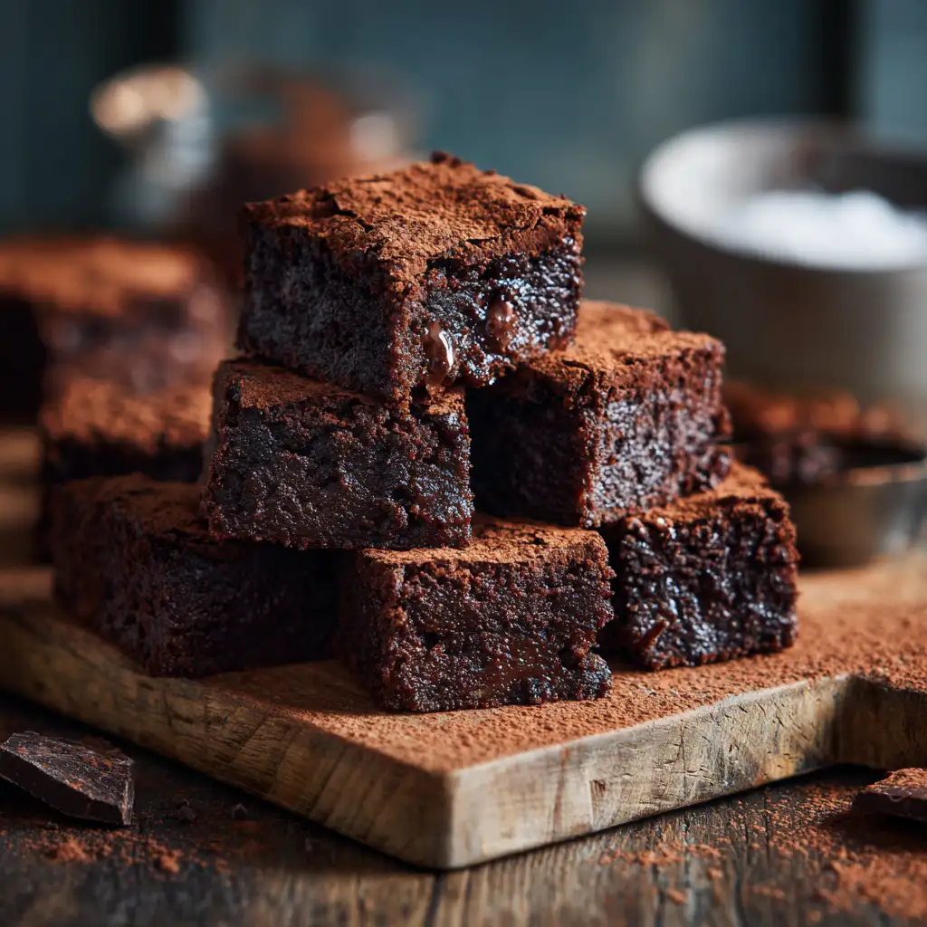 Fudgy vegan brownies sliced on board