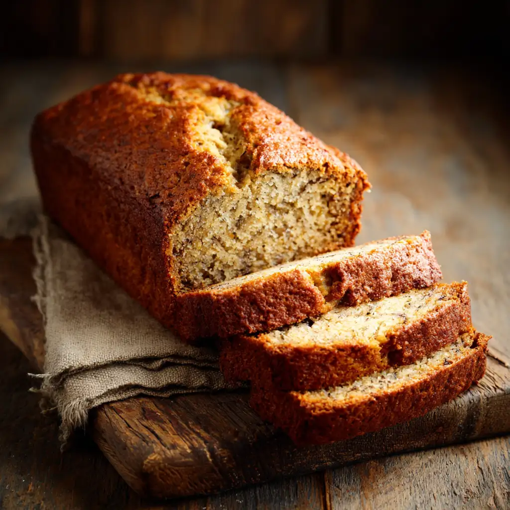 Vegan banana bread sliced on table